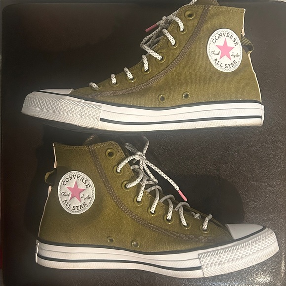 Converse All Star High Top Olive Green Sneakers with Pink and white trim - Picture 8 of 10